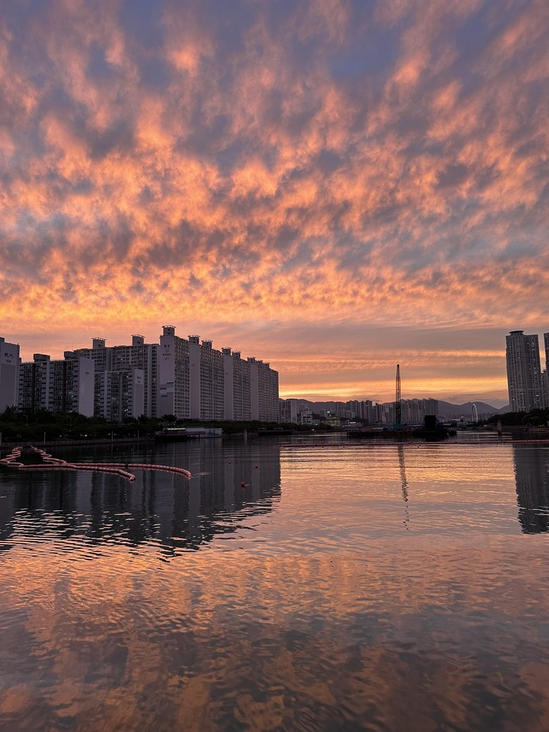 在海面上鋪開的紅色晚霞雲