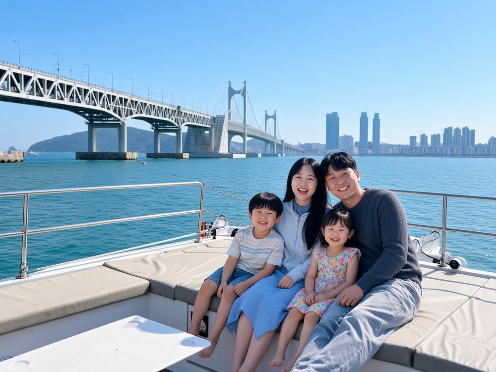 以廣安大橋為背景搭乘遊船的一家人